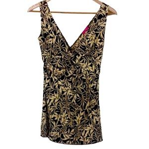 🌞 Lola dressy cami blouse sleeveless V- neck black cream floral leaves S